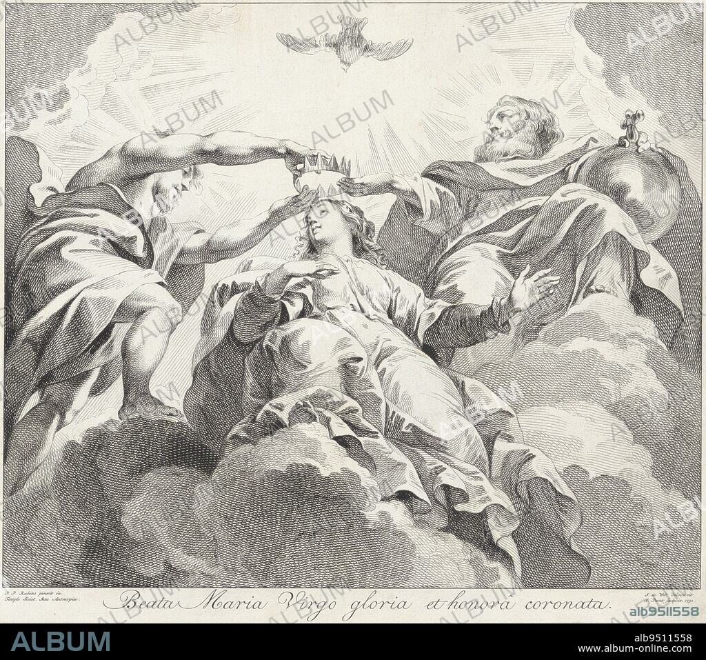 Coronation of Mary, Jan Punt, after Jacob de Wit, after Peter Paul Rubens, 1751, In the clouds Mary is crowned. Below the rectangular representation a verse in Latin., print maker: Jan Punt, (mentioned on object), intermediary draughtsman: Jacob de Wit, (mentioned on object), Jacob de Wit, Amsterdam, 1751, paper, etching, engraving, h 342 mm × w 400 mm.