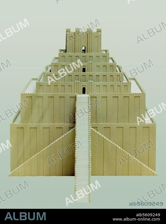 Babylone, ziggurat (dite Tour de Babel, temple en gradins, H. environ. 90 m, constr. sous Nabuchodonosor II, 605-562 av. J.-C). - Maquette de reconstitution d'ap. Hansjörg Schmid, 1991.- Plâtre, H. 0,50 ; L. 0,50 ; l. 0,50. Maquette :. Hans Hallmann. Berlin, Pergamon-Mus., Mus. Proche-Orient.