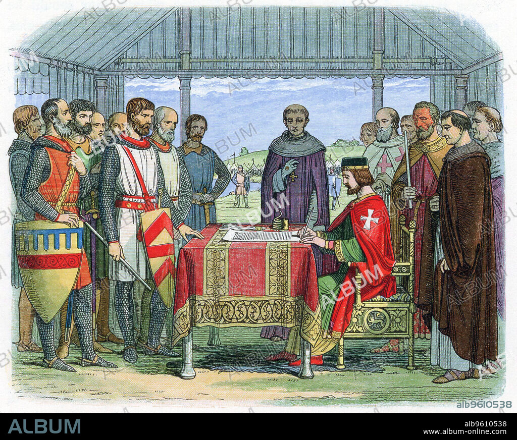 King John signing the Magna Carta at Runnymede, Surrey, 15 June 1215 (1864). John (1167?-1216) became King of England in 1199. The Angevin kings of England, Henry II, Richard I and John arbitrarily abused feudal rights. The nobility forced King John to sign the Magna Carta, guaranteeing their restoration.