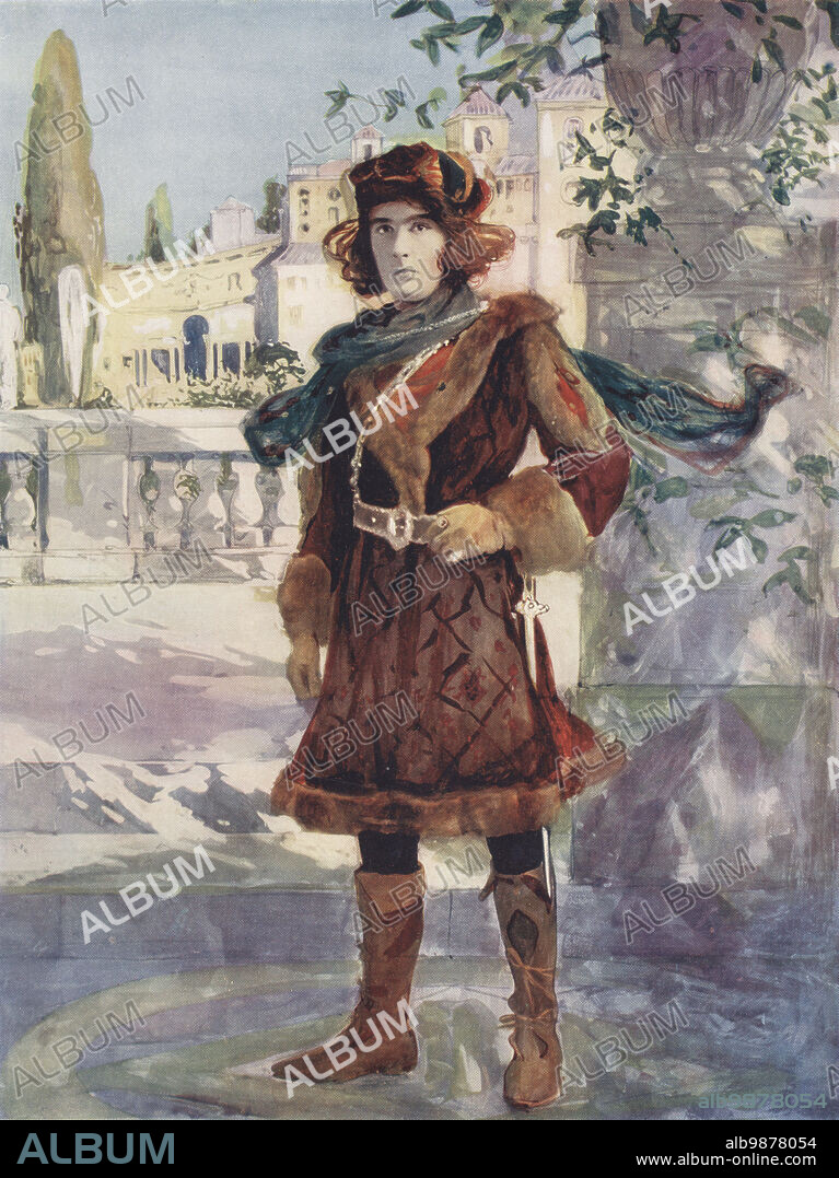 H. B. Irving as Oliver in William Shakespeare's As You Like It, at the St James Theatre, 1896. Harry Brodribb Irving, British stage actor, actor-manager and film director, 1870-1919. Photograph by Alfred Ellis and Walery (Stanislaw Julian Ignacy). Colour printing of a hand-coloured illustration based on a monochrome photograph from George Newness Players of the Day, London, 1905.