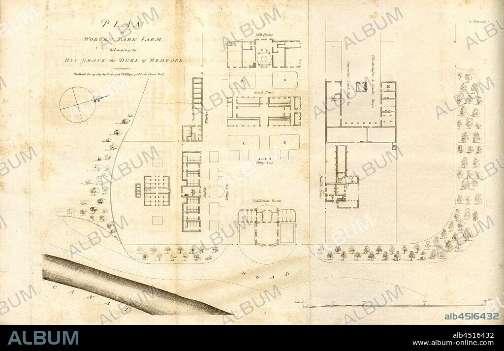 Plan of Woburn Park Farm belonging to His Grace the Duke fo Bedford, Plan of Woburn Estate in Bedfordshire, Fig. 1, p. 49, R.W. Dickson: Practical agriculture, or, a complete system of modern husbandry: with the methods of planting, and the management of live stock. Bd. 1. London: printed for Richard Phillips; by R. Taylor and Co., 1805.