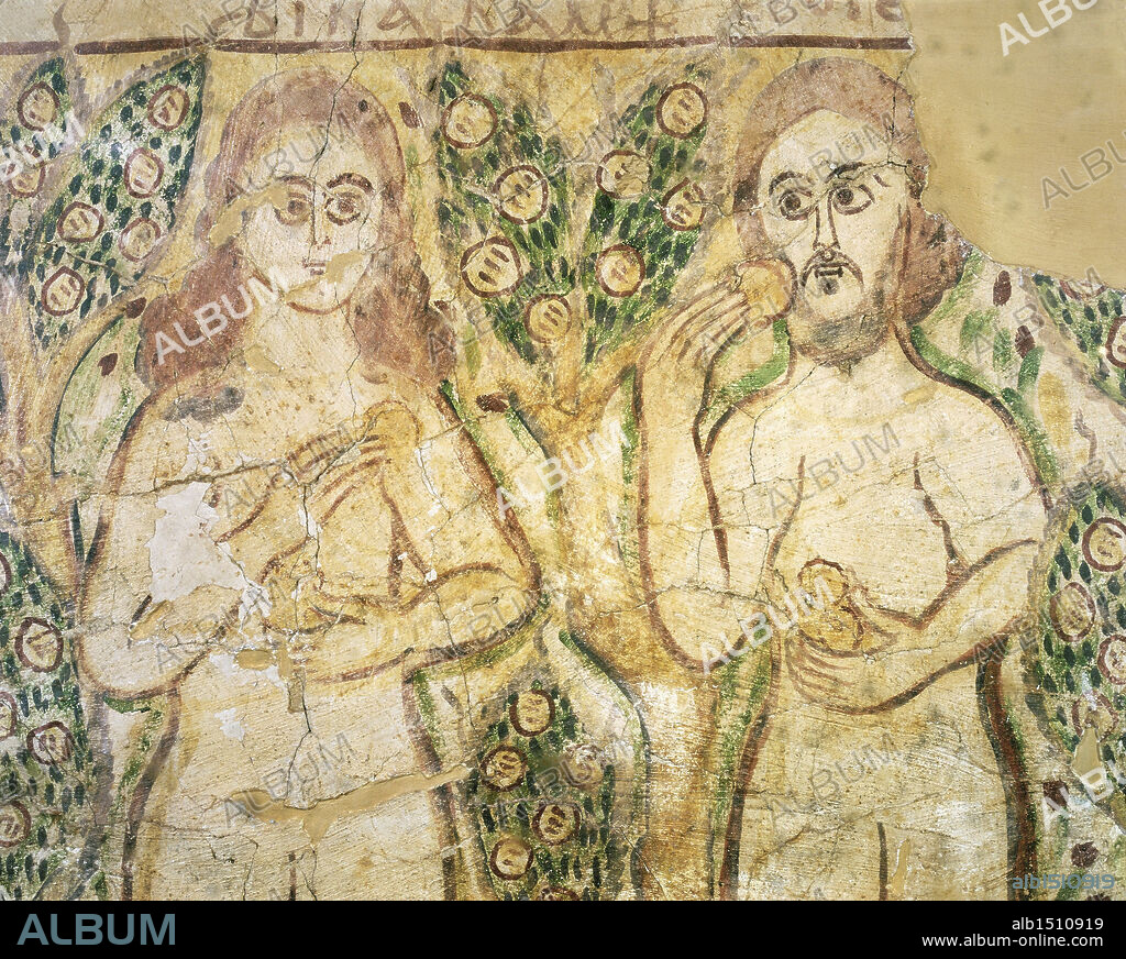 Egyptian civilization, Coptic Period, 10th-11th century. Adam and Eve in the act of eating the apple. Mural painting from Fayum.