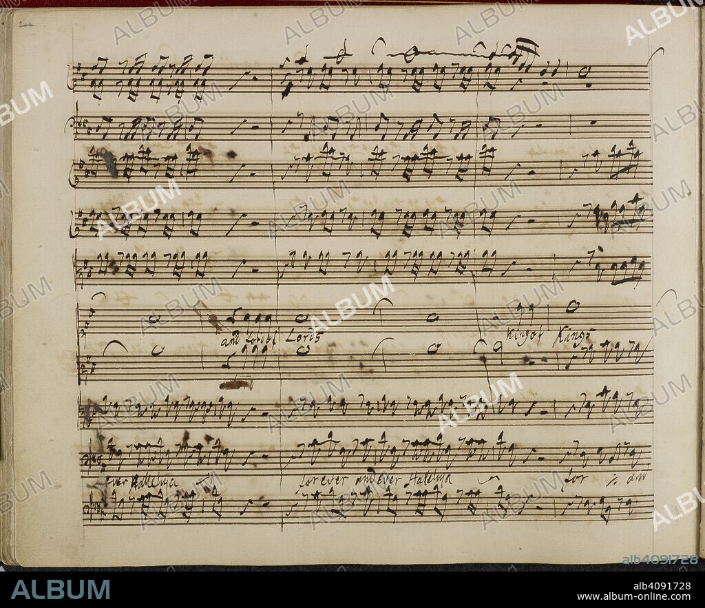 Hallelujah chorus. The Messiah. 1742. Music score. Final chorus.  Image taken from The Messiah.  Originally published/produced in 1742. . Source: R.M.20.f.2, 103v.
