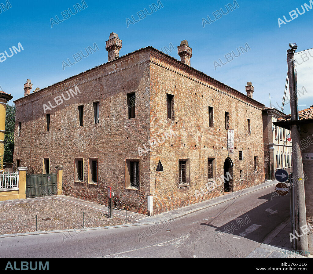 Mantegnas House on Via Acerbi, Mantua, by sketch Andrea Mantegna, 1476, 15th Century,. Italy, Mantua, Mantegnas House. Corner view home of Mantegna Mantua bricks chimney pots cornice.
