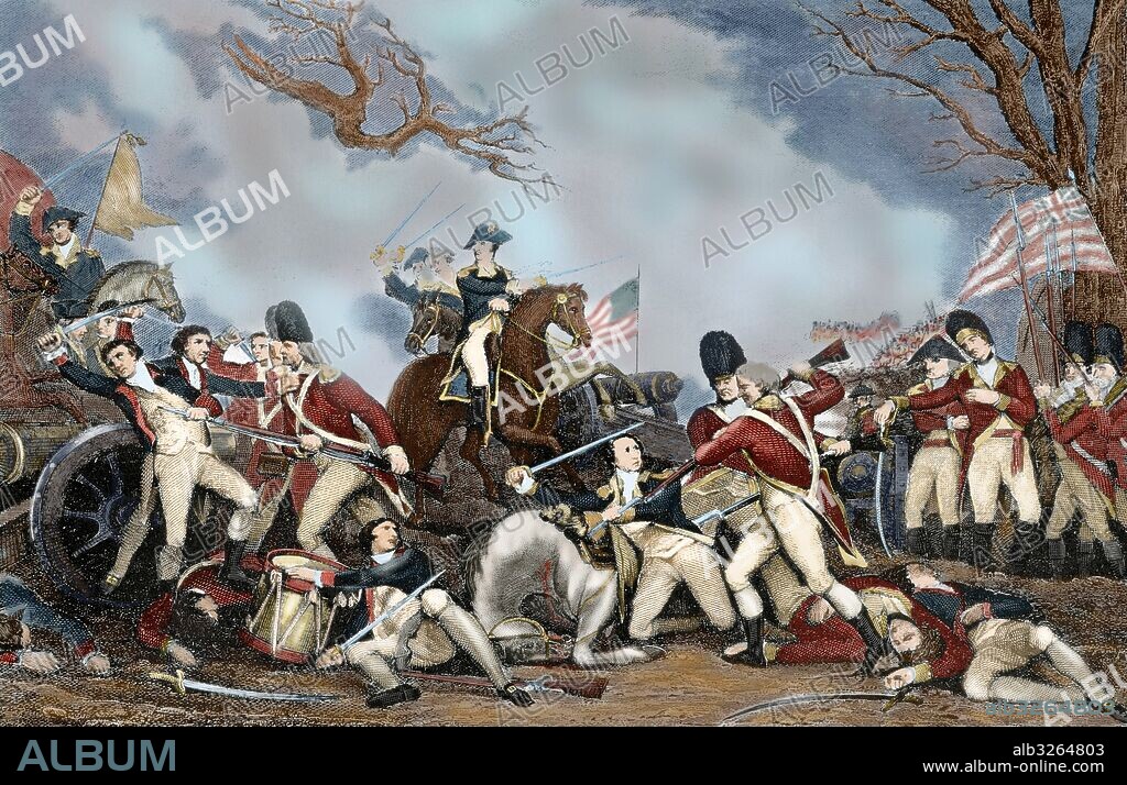GUERRA DE LA INDEPENDENCIA AMERICANA (1775-1783). Batalla de Princeton. 3 de enero de 1777. Victoria de las fuerzas revolucionarias del General Washington sobre las tropas británicas cerca de Princeteon, Nueva Jersey. Grabado. Siglo XIX. "The American Revolution". Coloreado.