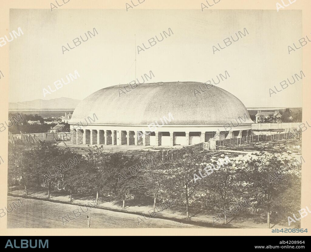 ANDREW JOSEPH RUSSELL. Great Mormon Tabernacle, Salt Lake City. Andrew J. Russell; American, 1830-1902. Date: 1868-1869. Dimensions: 15.3 x 20.4 cm (image/paper); 23.2 x 30.3 cm (album page). Albumen print, pl. XXVII from the album "Sun Pictures of Rocky Mountain Scenery" (1870). Origin: United States.