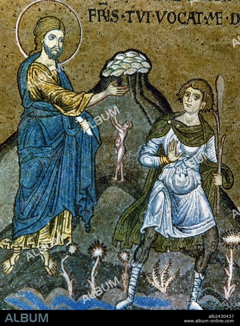 Byzantine Art. Italy. The curse of Cain. Mosaic. Palace of the Normans  or Royal Palace. Palatine Chapel. 12th century. Palermo. Sicily.