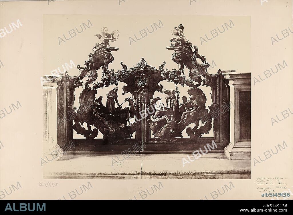Carlo Ponti, Venice, Scuola di S. Rocco, detail, albumin paper, cardboard, black and white positive process, image size: height: 24.50 cm; width: 34.40 cm, stamp engraving: recto bottom center: Ponti, Riva dei Schiavoni, Venezia, numbered: recto and left: Inv.- No. in lead, inscribed, handwritten in black ink: Thorflügel des Altars im, großen Saale der, Scuola di San Rocco, Bronzeguss I. Filiberti, v. J. 1756, in lead supplemented: Venice, travel photography, architectural photography, architectural details, hist. place, town, village, door.