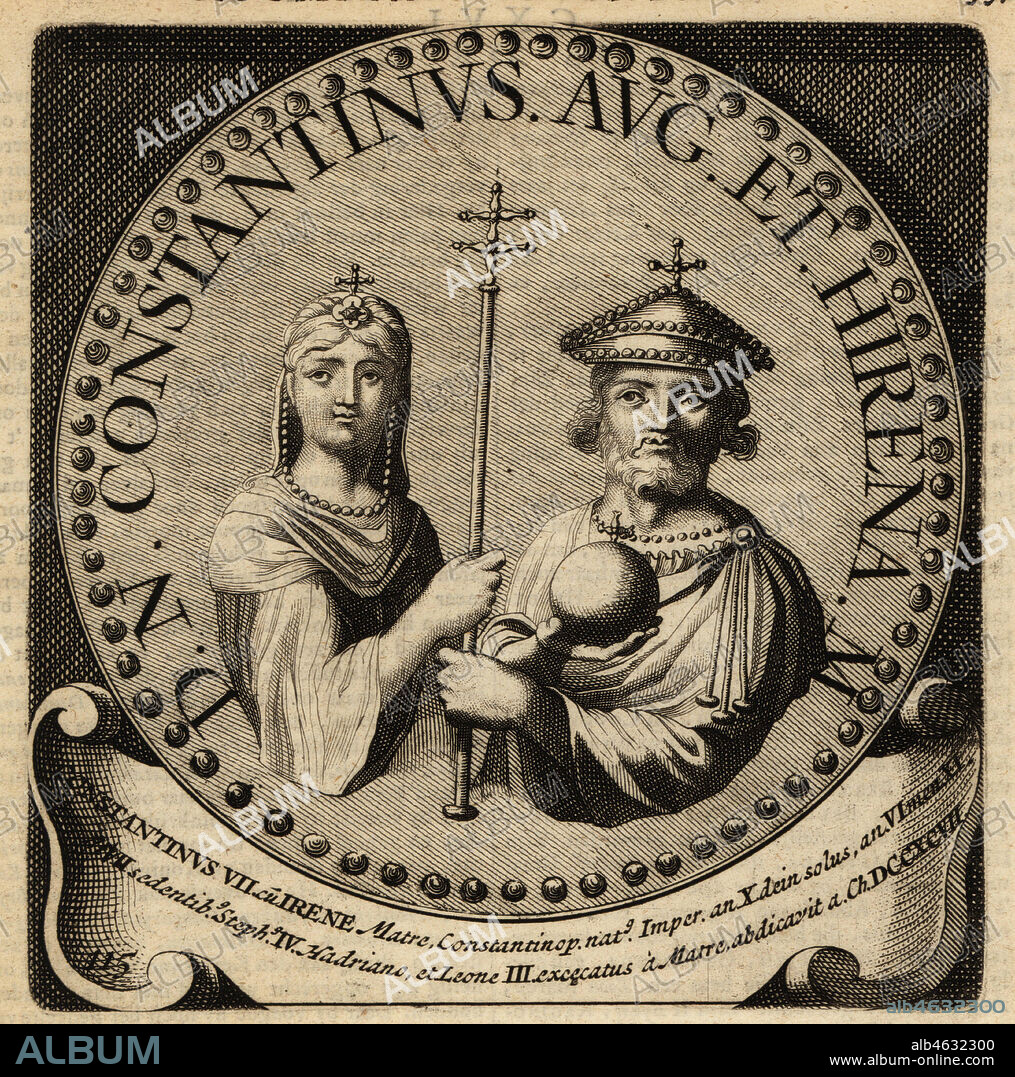 Byzantine Empress Irene and Emperor Constantine VI. Irene of Athens, Irene Sarantapechaina, 752-803, and son Constantinus, Konstantinus, 771-805. Copperplate engraving from Abraham Bogaerts De Roomsche Monarchy, The Roman Monarchy, Francois Salma, Utrecht, 1697.