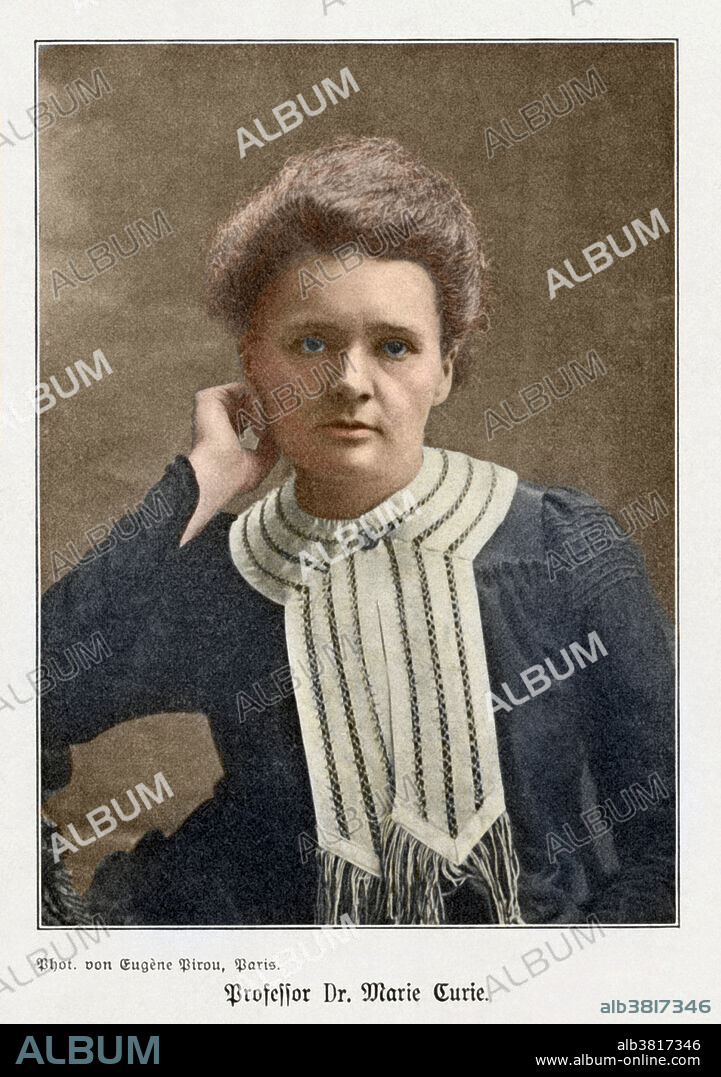 Marie Curie (1867-1934, nee Marya Sklodowska), Polish-French physicist. With her husband Pierre, she isolated the radioactive elements polonium and radium in 1898. Marie won the 1911 Nobel Prize for Chemistry for this work. She had previously been awarded the 1903 Nobel Prize for Physics (with Pierre Curie and Henri Becquerel) for her work on radioactivity. She held the chair of physics at the Sevres Higher Normal School for Girls, working there from 1900 to 1906. Following the death of Pierre in 1906, she became assistant professor at the Sorbonne, Paris, and then full professor in 1908. Photograph by Eugene Pirou, Parisian photographer who was active at the end of the 19th century.