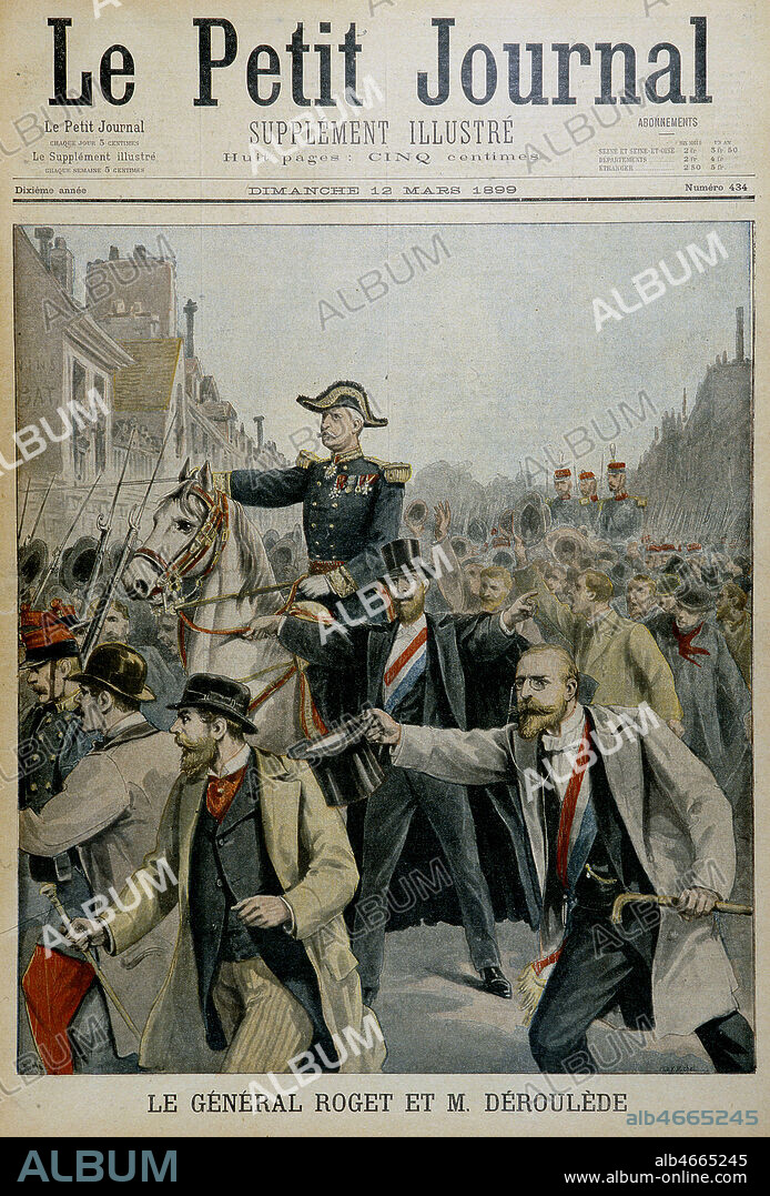 'Le general ROGET et M. DEROULEDE', aux obseques de Felix FAURE, le 23 fevrier 1899. Lors de la ceremonie Paul DEROULEDE (1846-1914) tenta d'entrainer le general dans un coup d'Etat parlementaire, en vue de preparer la guerre de revanche contre l'Allemagne. Illustration de mars 1899 in le Petit Journal illustre. Credit : Collection KHARBINE-TAPABOR.
