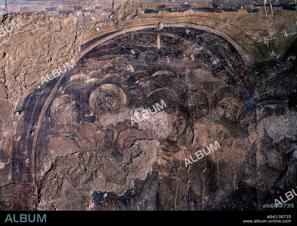 PINTURA MURAL DEL CASTILLO DE QUSEIR AMRA - DETALLE DE LA CORTE QUE ASISTE AL BAÑO DE LA ESPOSA DEL CALIFA - SIGLO VIII - OMEYA - CONJ Nº 28274.
