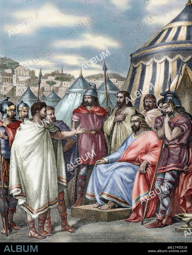 Sack of Rome (410) led by Alaric I (ca. 370-410),  King of the Visigoths (395-410), during the reign of Emperor Honorius. It was a decisive event in the decline of the Roman Empire. Colored engraving.