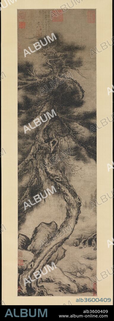 Dragon Pine. Artist: Wu Boli (Chinese, active late 14th-early 15th century). Culture: China. Dimensions: Image: 48 x 13 1/4 in. (121.9 x 33.7 cm)
Overall with mounting: 100 x 18 5/8 in. (254 x 47.3 cm)
Overall with knobs: 100 x 21 in. (254 x 53.3 cm). Date: ca. 1400.
Wu Boli, a Daoist priest at the Shangqing ("Upper Purity") Temple on Dragon Tiger Mountain, Jiangxi Province, was a close folower of Fang Congyi (ca. 1301-ca. 1392). Dragon Pine was painted for Zhang Yuchu, the forty-third Daoist "pope" of the Orthodox Unity sect, and bears his appreciative colophon.
This animated pine recalls an account by the tenth-century hermit-painter Jing Hao that describes "a gigantic pine tree, its aged bark overgrown with lichen, its winged scales seeming to ride in the air. Its stature is like that of a coiling dragon trying to reach the Milky Way." For Jing Hao, as for later artists, the pine signified "the moral character of the virtuous man." Here, the tree may also represent the Daoist sage, or "perfected being." According to Daoist geomantic beliefs, vital energies collect at the base of a mountain slope along the edge of a stream-precisely the location of the pine in Wu Boli's painting.