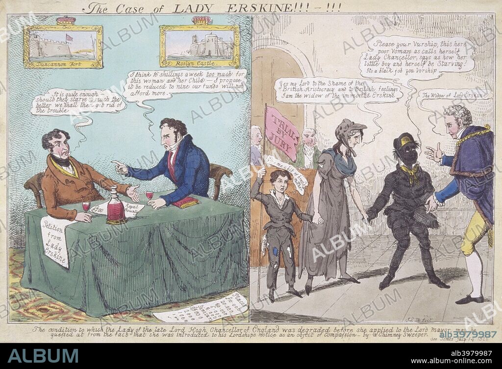 'The case of Lady Erskine!!!-!!!', 1826. Two designs side by side: in the first Lord Duncannon and Lord Erskine are shown in conference; in the second a thin ragged woman (Erskine's widow) with son is being introduced to the Lord Mayor (presumably William Venables) by a chimney sweep in the Mansion House Justice Room.