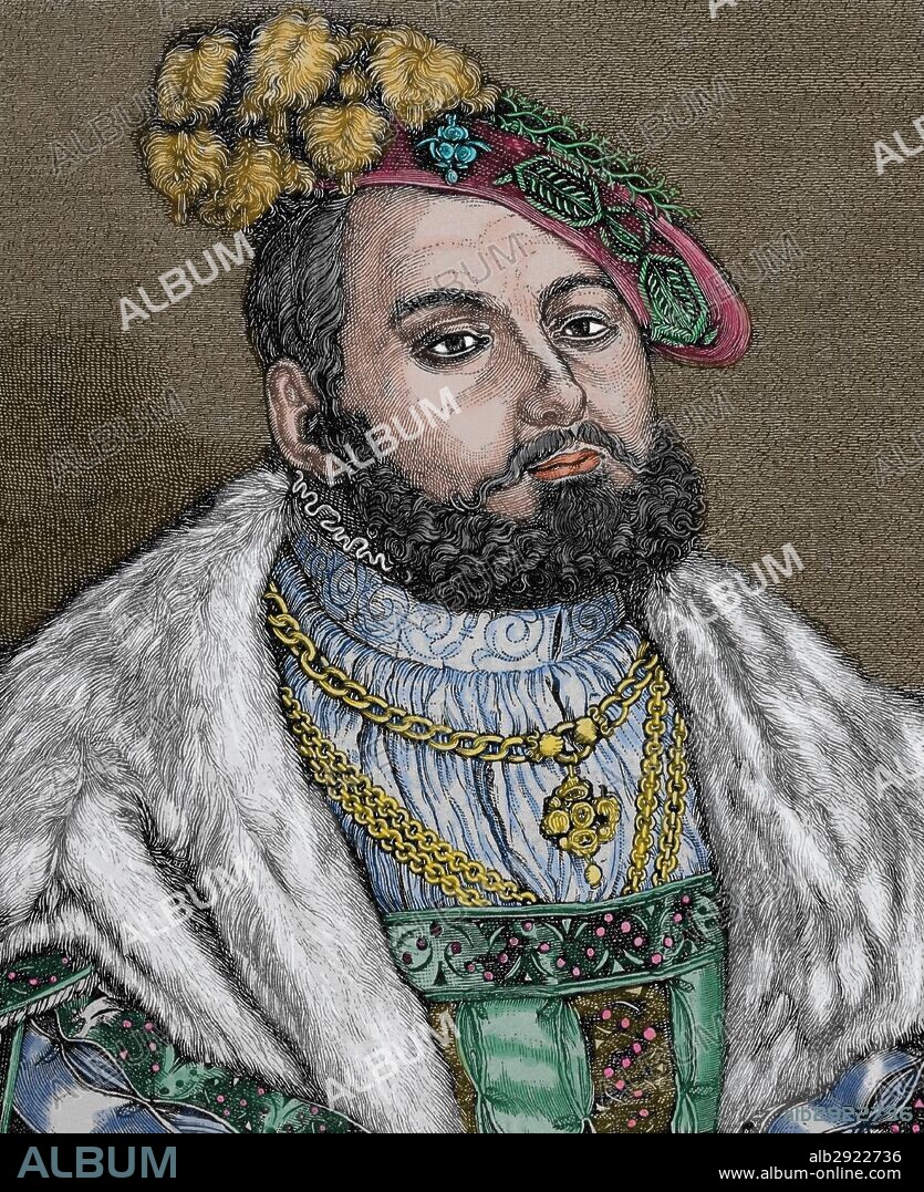 JUAN FEDERICO I "el Magnánimo" (Torgau,1503-Weimar, 1554). Elector de Sajonia (1532-1547). Adherido a la Reforma protestante miembro de la Liga de Esmalcanda. Luchó contra Mauricio de Sajonia que junto con Carlos V querian arrebatarle la dignidad electoral. Fue obligado a capitular en Wittenberg (1547) y renunciar a favor de Mauricio. Grabado coloreado.