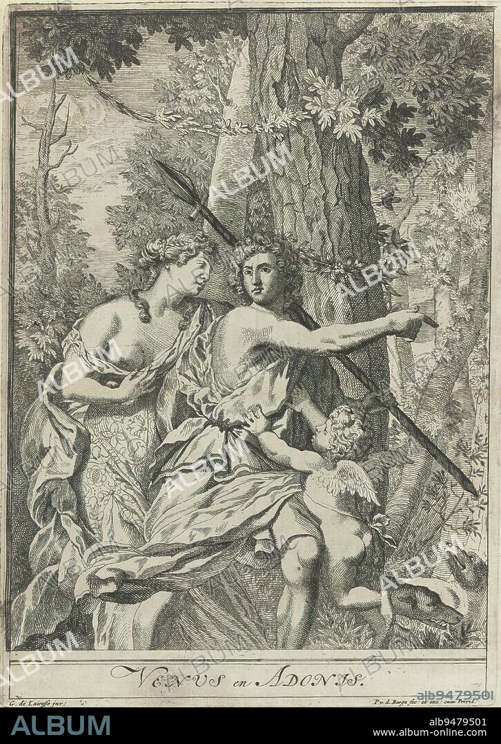Print 11 from series of drawing examples with Venus and Adonis, Print series of eleven sheets with drawing examples after Gerard de Lairesse and a title page bound in a contemporary(?) cover. Eleven prints with examples of faces, mythological and other figures, ornaments and architecture., print maker: Pieter van den Berge, designer: Gerard de Lairesse, Cornelis Nicolai, 1695, paper, etching, height 360 mm × width 275 mm.