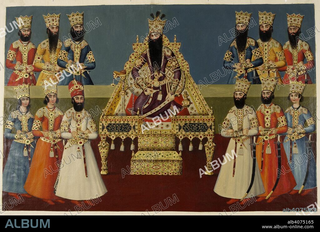 ABDALLAH KHAN. Image from a reduced copy of the Nigaristan Palace mural showing Fath Ali Shah enthroned with his sons, attended by 'ghulams'. 1816-1820. Watercolour. Source: Add.Or.1239.