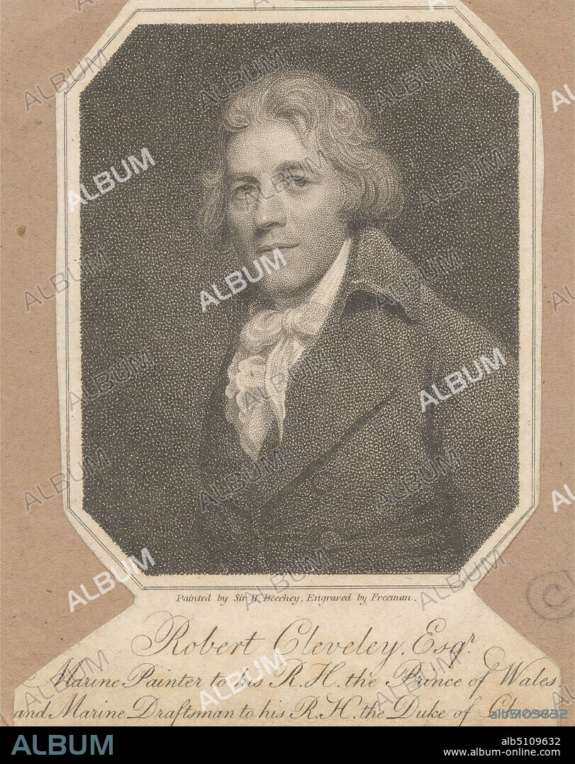 Robert Cleveley, Esqr. Marine Painter to his R. H., The Prince of Wales and Marine Draftsman to his R. H. The Duke of Clarence, Print made by Samuel Freeman, 17731857, British, after Sir William Beechey, 17531839, British, 1810, Stipple engraving and etching on moderately thick, slightly textured, cream wove paper mounted on moderately thick, slightly textured, brown wove paper, Mount: 4 9/16 x 3 13/16 inches (11.6 x 9.7 cm), Sheet: 4 1/2 x 3 5/16 inches (11.4 x 8.4 cm), and Image: 3 9/16 x 2 13/16 inches (9 x 7.2 cm), artist, collar, cravat, draftsman (artist), gaze, painter, portrait, posing, solemn.