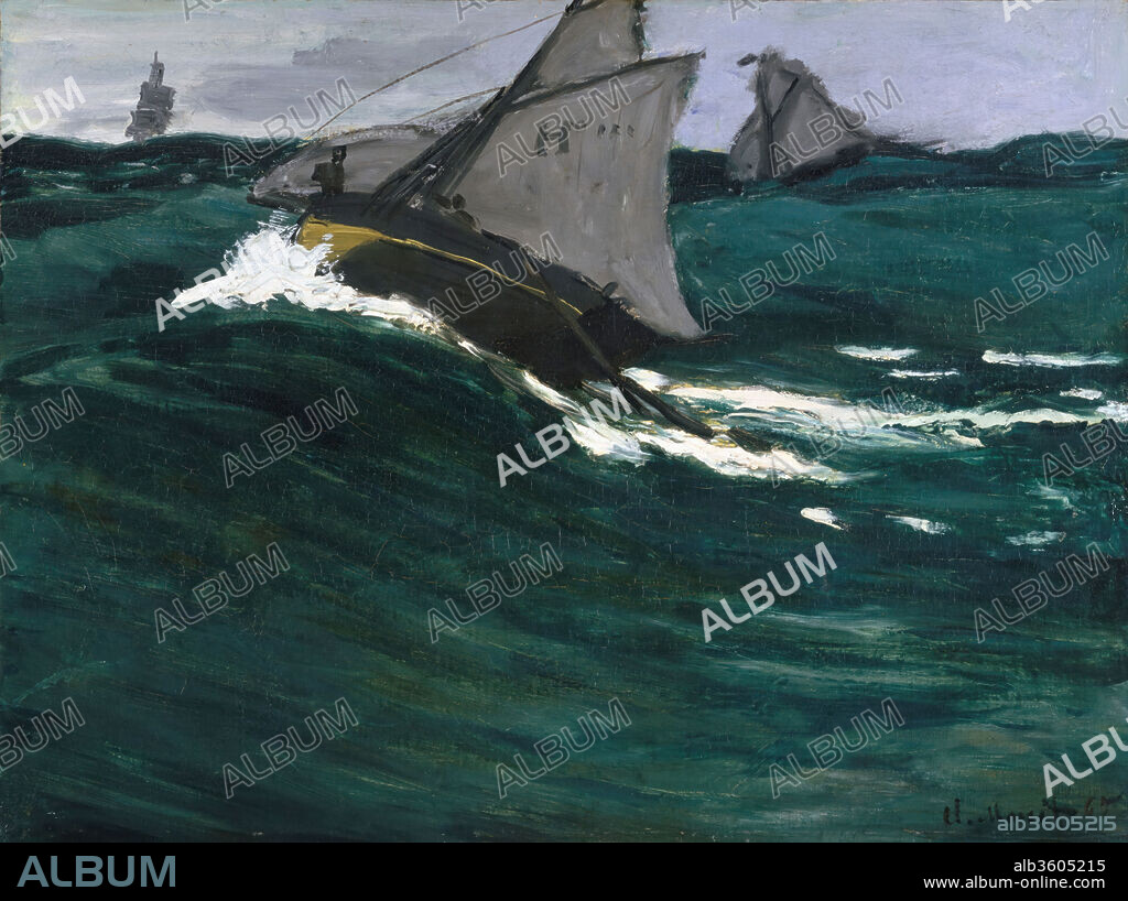 The Green Wave. Artist: Claude Monet (French, Paris 1840-1926 Giverny). Dimensions: 19 1/8 x 25 1/2 in. (48.6 x 64.8 cm). Date: ca. 1866-67.

When this early seascape debuted at the 1879 Impressionist exhibition, a critic remarked that it was "directly influenced by Manet." The handling of paint and the composition, especially the high horizon line, echo Manet's depictions of American warships, <i>The "Kearsarge" at Boulogne</i> (1999.442) and <i>The Battle of the "Kearsarge" and the "Alabama" </i>(Philadelphia Museum of Art), which Monet may have seen on exhibition in Paris in 1865 and 1867. He later--and incorrectly--dated the present work to 1865. In fact, he visited the Normandy coast in 1866 and 1867.