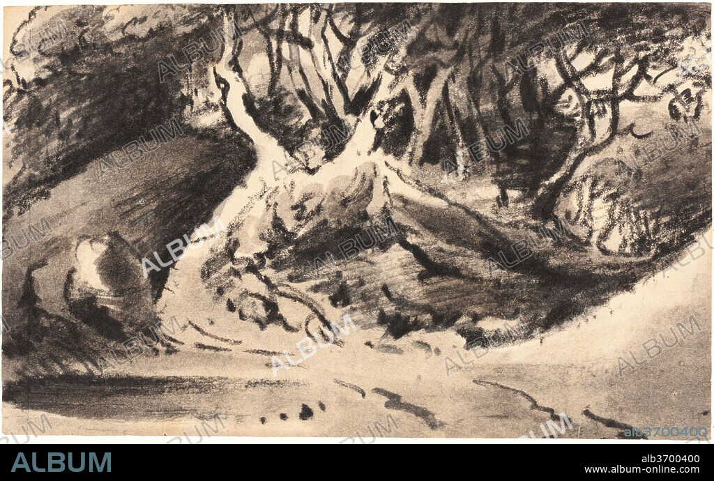 DR. THOMAS MONRO. Wooded Landscape. Dimensions: overall: 12.7 x 21.1 cm (5 x 8 5/16 in.). Medium: black chalk with gray wash on wove paper.