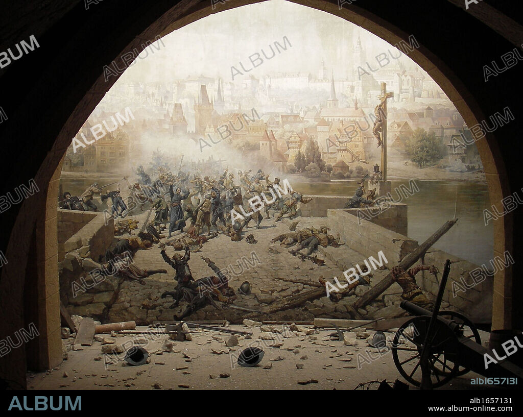 Battle on Charles Bridge in Prague in 1648, ending the Thirty Years' War. Picture and installation created for the Prague exhibition of 1891.