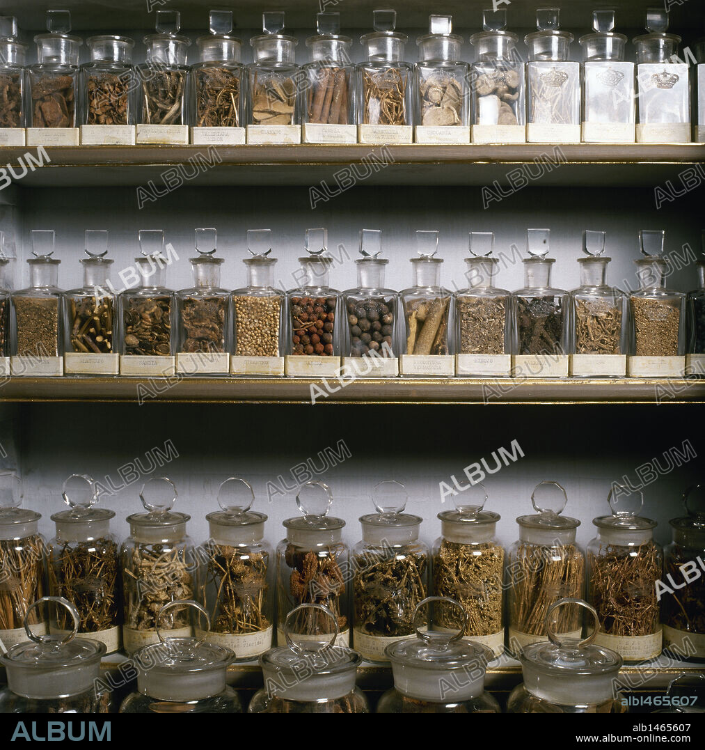 FRASCOS DE VIDRIO CON HIERBAS MEDICINALES PARA MEDICINA Y FARMACIA. Palacio Real de Madrid. España.