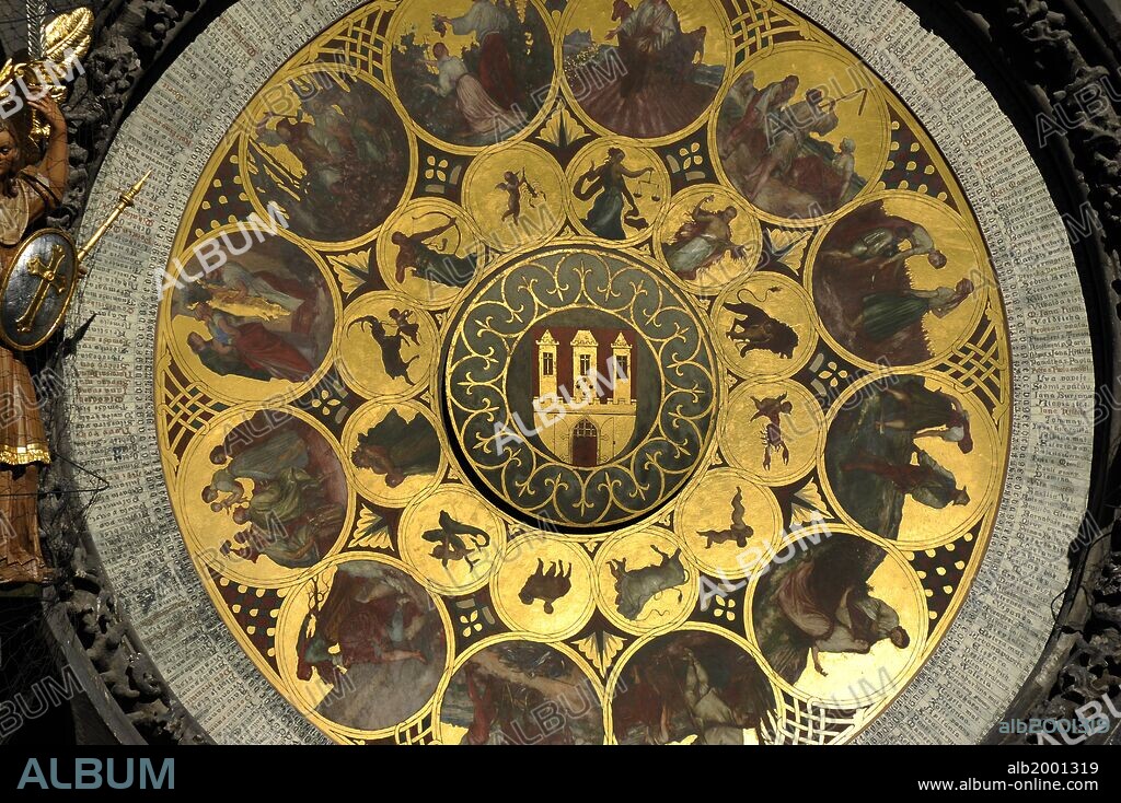 The Prague Astronomical Clock. The calendar, added to the clock in 1870. The twelve medallions represent the twelve months of the year made by Czech painter Josef Manes (1820-1871). Czech Republic.