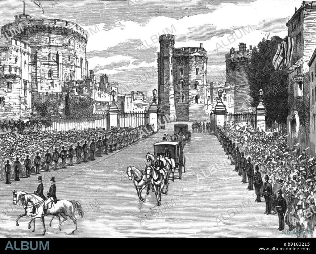 ''The Marriage of HRH Princess Louise of Schleswig-Holstein and HH Prince Aribert of Anhalt; The Royal Family on their way from the Castle to St. Georges Chapel, Windsor ', 1891. From "The Graphic. An Illustrated Weekly Newspaper", Volume 44. July to December, 1891.