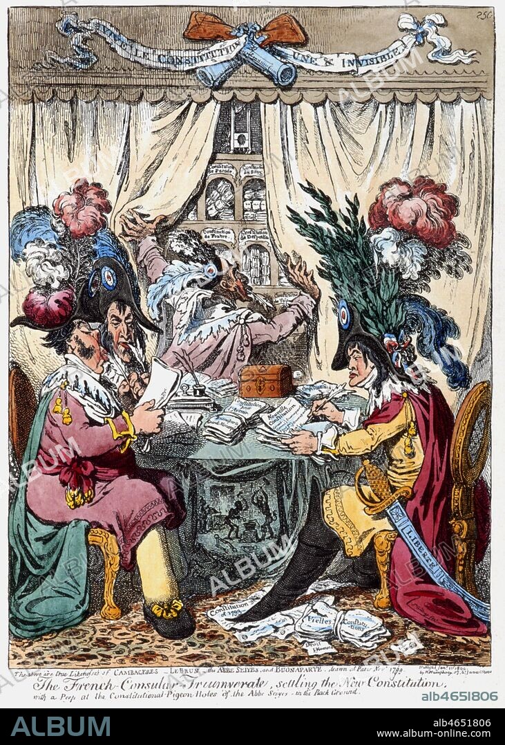 'Les membres du triumvirat consulaire francais redigeant la nouvelle constitution.' Caricature du 11/01/1800 par James Gillray (1757-1815). Caricatures anglaises dans l'ouvrage de John GRAND-CARTERET (1850-1937), 'Napoleon en Images,' en 1895. Credit : Collection Kharbine-Tapabor.