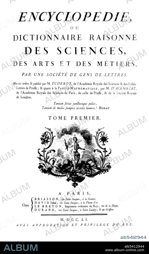 First edition of Encyclopédie, ou dictionnaire raisonné des sciences, des arts et des métiers (English: Encyclopedia, or a Systematic Dictionary of the Sciences, Arts, and Crafts) was a general encyclopedia published in France between 1751 and 1772, with later supplements, revised editions, and translations. It was edited by Denis Diderot and, until 1759, co-edited by Jean le Rond d'Alembert. The Encyclopédie is most famous for representing the thought of the Enlightenment. It was the first encyclopedia to include contributions from many named contributors, and it was the first general encyclopedia to describe the mechanical arts. In the first publication, seventeen folio volumes were accompanied by detailed engravings. Later volumes were published without the engravings, in order to better reach a wide audience within Europe.