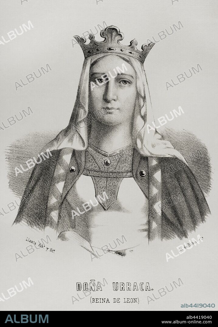 Urraca (1081-1126) the Reckless. Queen of Castile, Leon and Galicia (1109-1126). Portrait. Illustration by Llanta. Lithography. Cronica General de Espa–a. Historia Ilustrada y Descriptiva de sus Provincias. Galicia, 1866.