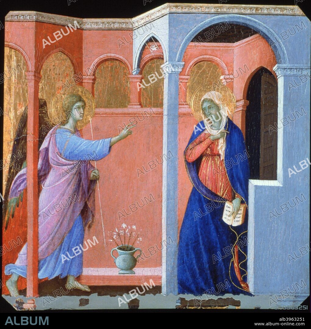 'Panel from the Maestà Altarpiece: The Annunciation', 1311. Found in the collection of the National Gallery, London.