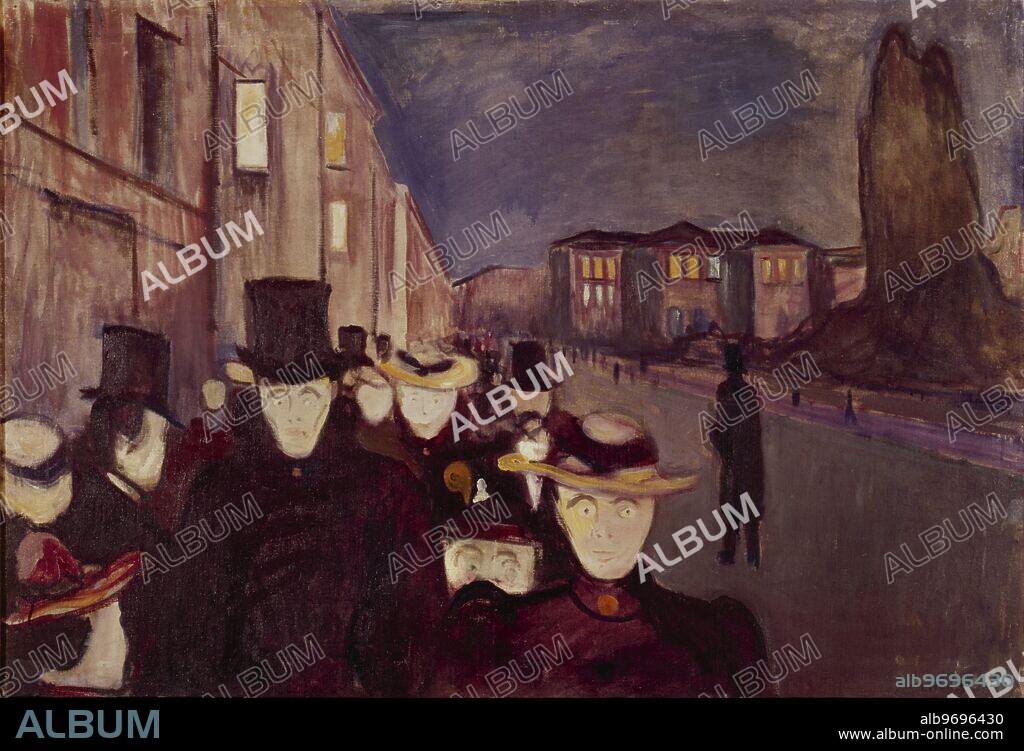 Evening on Karl Johan Street. by Edvard Munch 1863 - 1944. Edvard Munch (December 12, 1863 - January 23, 1944) was a Norwegian expressionist painter and printmaker. His intense, evocative treatment of anguish greatly influenced development of German expressionism in the early 20th century.. Historic Museum - Bergen. ©2006 Credit:TopFoto.