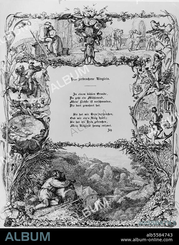 Eichendorff, Joseph Frhr. v. Dichter. 1788-1857. Werke: Das zerbrochene Ringlein (Gedicht). "Das zerbrochene Ringlein". Radierung von Otto Speckter (1807-1871), 1842. Berlin, Sammlung Archiv für Kunst und Geschichte.