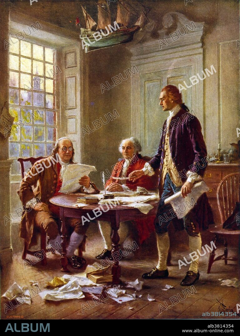 Entitled: "Writing the Declaration of Independence, 1776." Shows Franklin, Adams, and Jefferson meeting at Jefferson's lodgings, on the corner of Seventh and High (Market) streets in Philadelphia, to review a draft of the Declaration of Independence. On June 11, 1776, Congress appointed a "Committee of Five", consisting of John Adams of Massachusetts, Benjamin Franklin of Pennsylvania, Thomas Jefferson of Virginia, Robert R. Livingston of New York, and Roger Sherman of Connecticut, to draft a declaration. Reproduction of oil painting from series: Pageant of A Nation, artist, Jean Leon Gerome Ferris.