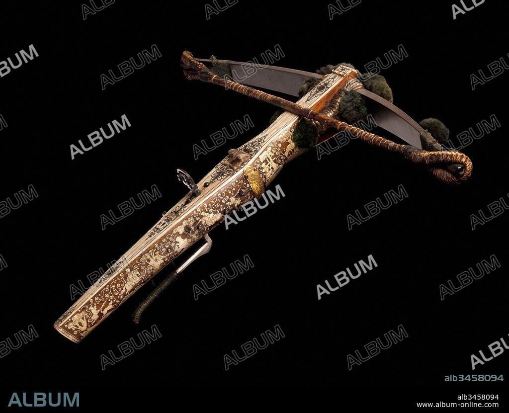 Crossbow (Halbe Rüstung) with Winder (Cranequin), crossbow, ca. 1720–30; winder, ca. 1575–1600, probably Dresden, Saxony, crossbow, German, probably Dresden; winder, possibly German, Steel, wood (walnut), staghorn, copper alloy, hemp, leather, silk, gold, iron alloy, wool, crossbow: L. 26 15/16 in. (68.4 cm); W. 29 7/8 in. (75.8 cm); Wt. 13 lb. 15 oz. (6329 g); winder: L. 14 in. (35.5 cm); W. 4 1/8 in. (10.4 cm); Wt. 5 lb. 3 oz. (2341 g), Archery Equipment-Crossbows, Crossbow attributed to Johann Gottfried Hänisch the Elder (German, Dresden 1696–1778).