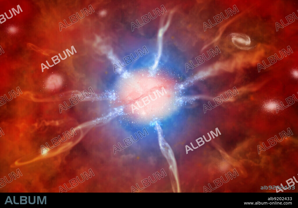 The hot gas in Phoenix is giving off copious amounts of X-rays and cooling quickly over time, especially near the center of the cluster, causing gas to flow inwards and form huge numbers of stars at the base of the flows. These features are shown in this artist's impression of the central galaxy, with hot gas shown in red, cooler gas shown in blue, the gas flows shown by the ribbon-like features and the newly formed stars in blue, in the outer part of the galaxy. The Phoenix Cluster (SPT-CL J2344-4243) is a massive galaxy cluster located in the constellation Phoenix. It was possibly dormant for billions of years, but has recently become active in star formation. The rate of star formation occurring is the highest ever recorded in the middle of a galaxy cluster, although there are many individual high redshift galaxies which produce this many stars per year, or more. Phoenix Cluster is also producing more X-rays than any other known massive cluster.[2] Data from observations suggest that hot gas is cooling in the central regions at the highest rate ever recorded. The central galaxy in the cluster contains vast amounts of hot gas. More normal matter is present there than the total of all the other galaxies in the cluster. In the center of the system, there is a supermassive black hole growing very rapidly, expanding at a rate of about 60 solar masses per year. It is currently about 20 billion times the mass of the Sun, one of the largest known. Release date August 15, 2012.