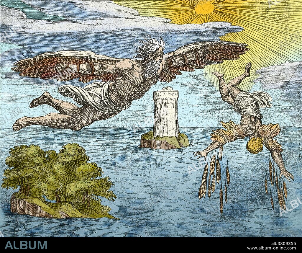 The Fall of Icarus, alternate title: Daedalus Icaro alta nimis ambienti orbatur. Etching appeared in: The Metamorphoses of Ovid, plate 75, second edition illustrated by Antonio Tempesta, published 1606. Icarus was the son of Daedalus who dared to fly too near the sun on wings of feathers and wax. Daedalus had been imprisoned by King Minos of Crete within the walls of his own invention, the Labyrinth. But the great craftsman's genius would not suffer captivity. He made two pairs of wings by adhering feathers to a wooden frame with wax. Giving one pair to his son, he cautioned him that flying too near the sun would cause the wax to melt. But Icarus became ecstatic with the ability to fly and forgot his father's warning. The feathers came loose and Icarus plunged to his death in the sea. Literary interpretation has found in the myth the structure and consequence of personal over-ambition.