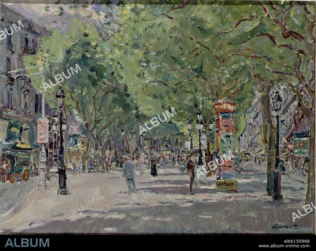 JOSEP AMAT PAGÈS. LA RAMBLA - 1963 - OLEO/LIENZO - 50X65 CM.