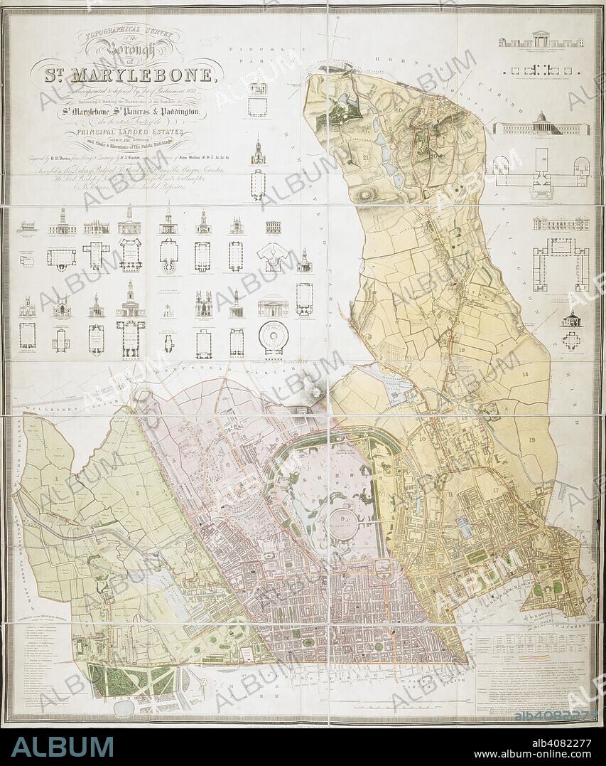 BENJAMIN REES DAVIES. Topographical survey of the borough of St. Marylebone, as incorporated & defined by Act of Parliament 1832. : Embracing & marking the boundaries of the parishes of St. Marylebone, St. Pancras, & Paddington, also the extents & limits of the principal landed estates within the borough, and plans & elevations of the public buildings   Boundaries outlined in colour; map coloured and numbered for reference with a key at bottom left and note on parishes at bottom right. Relief shown by hachures.   Supplies elevations and ground plans of prominent buildings.   . Topographical survey of the borough of St. Marylebone, as incorporated & defined by Act of Parliament 1832. : Embracing & marking the boundaries of the parishes of St. Marylebone, St. Pancras, & Paddington, also the extents & limits of the principal landed estates within the borough, and plans & elevations of the public buildings / Engraved by B.R. Davies from surveys & drawings by F.A. Bartlett under the direction of John Britton F.S.A. &c. &c. &c. London : Published by J. Britton, Burton Str., J. Taylor, 30 Upper Gower Str. & B.R. Davies, 16 George Str. Euston Squ:, June 25, 1837. Source: Maps Crace Port.1.