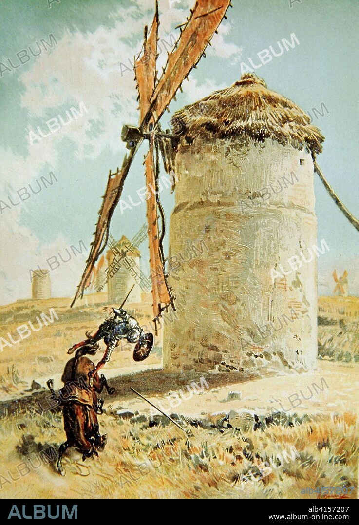 RICARDO BALACA (1844-1880). CERVANTES SAAVEDRA, MIGUEL ESCRITOR ESPAÑOL. ALCALA DE HENARES 1547-1616 " DON QUIJOTE DE LA MANCHA " ILUSTRACION " EPISODIO DE LOS MOLINOS " POR RICARDO BALACA. EDICION MUNTANER Y SIMON. BARCELONA 1880-1883.