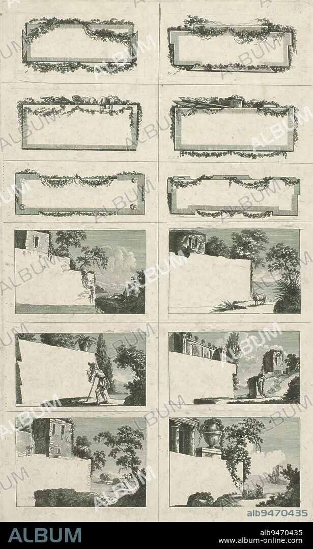 Uncut leaf with twelve vignettes intended as labels, Leaf with twelve labels. From left to right and top to bottom: vignette decorated with flower branches, cartouche decorated with flower branches, cartouche decorated with flower branches and crowned with ram, cartouche decorated with flower branches and crowned with inkwell, feather and book, cartouche decorated with flower branches and 4 x four-leaf clover, cartouche decorated with flower branches, cartouche on building in landscape and right a musician figure, cartouche on building in landscape with right a sheep, cartouche in landscape with pointing figure in front, cartouche in landscape with ruins, cartouche in landscape with ruins and right two walking figures, cartouche in landscape crowned with antique vase and right a reclining goat., print maker: C. Souvin, (mentioned on object), 1700 - 1799, paper, engraving, etching, height 320 mm × width 187 mm.