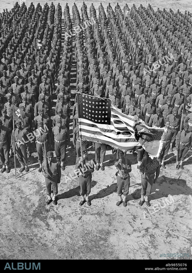 Soldiers of 41st Engineers in formation on Parade Ground, Fort Bragg, North Carolina, USA, Arthur Rothstein, U.S. Office of War Information, March 1942.