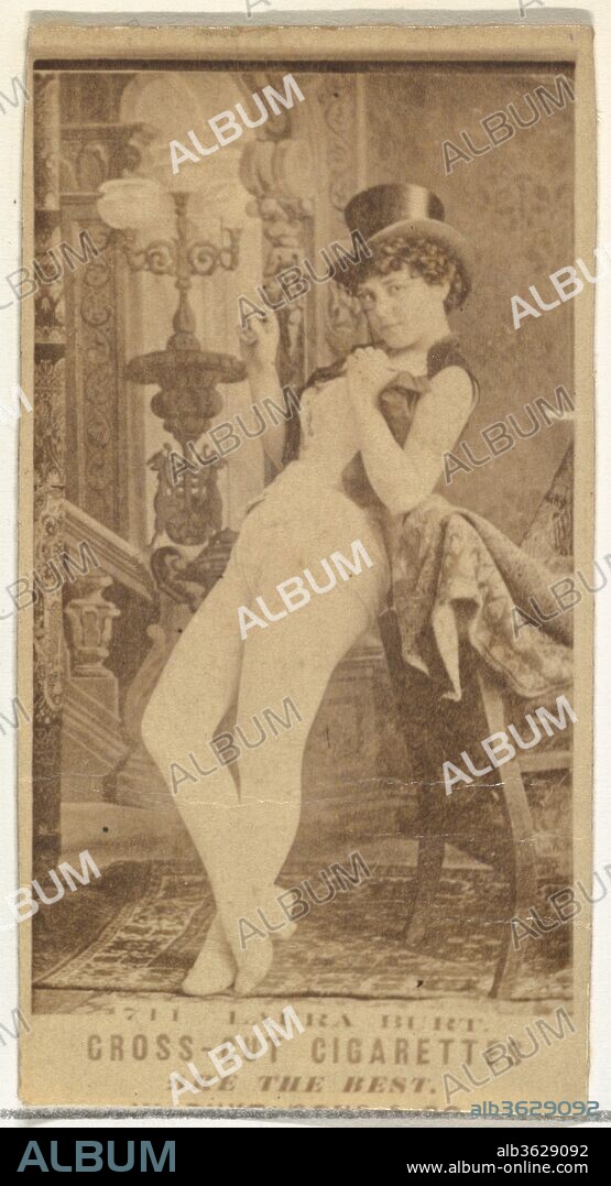 Card Number 711, Laura Burt, from the Actors and Actresses series (N145-3) issued by Duke Sons & Co. to promote Cross Cut Cigarettes. Dimensions: Sheet: 2 11/16 × 1 3/8 in. (6.8 × 3.5 cm). Publisher: Issued by W. Duke, Sons & Co. (New York and Durham, N.C.). Date: 1880s.
Trade cards from the set "Actors and Actresses" (N145-3), issued in the 1880s by W. Duke Sons & Co. to promote Cross Cut Cigarettes. There are eight subsets of the N145 series. Various subsets sport different card designs and also promote different tobacco brands represented by W. Duke Sons & Company. This card is from the third subset, N145-3. Note that actors' names are spelled differently on cards throughout set and are not dependable for accuracy.
