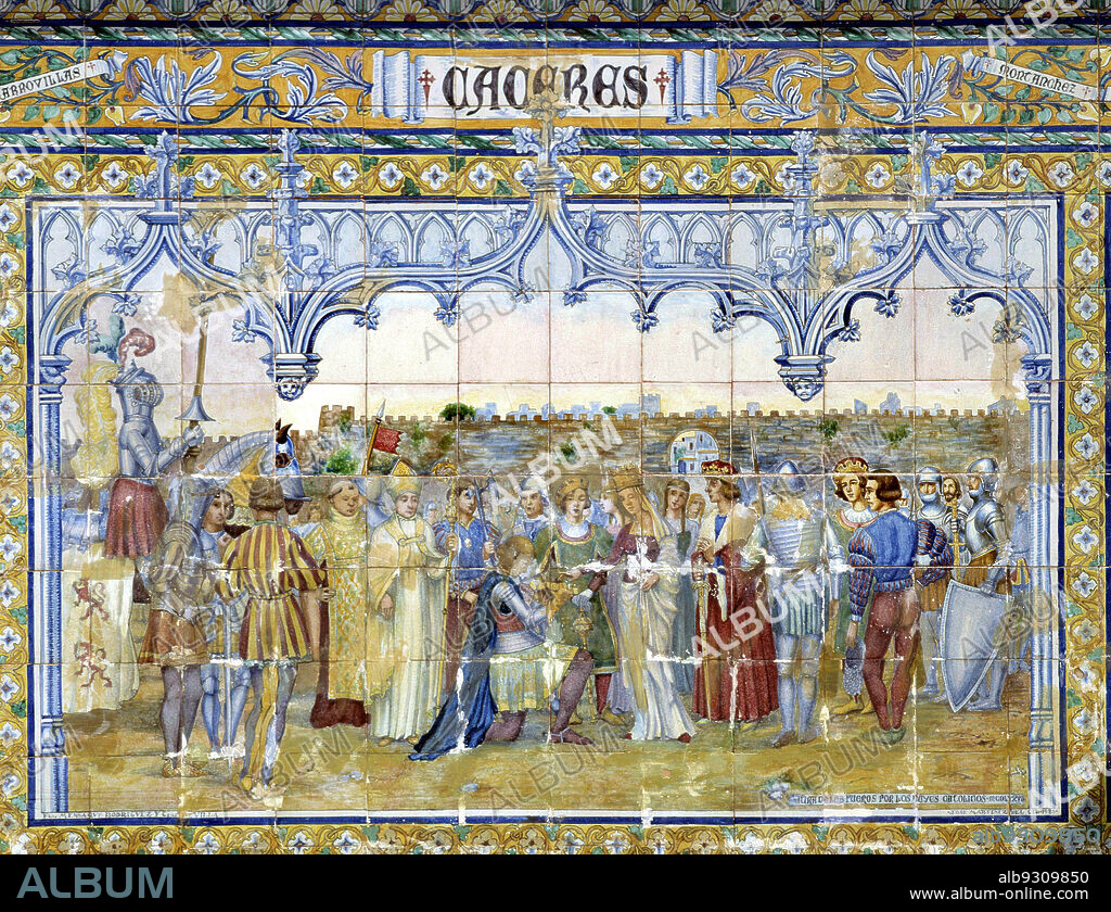REYES CATOLICOS. FERNANDO II DE ARAGON E ISABEL I DE CASTILLA. " JURAMENTO DE ISABEL LA CATOLICA DE RESPETAR LOS FUEROS DE CACERES " 1477. AZULEJOS DE LA PLAZA DE ESPAÑA DE SEVILLA.