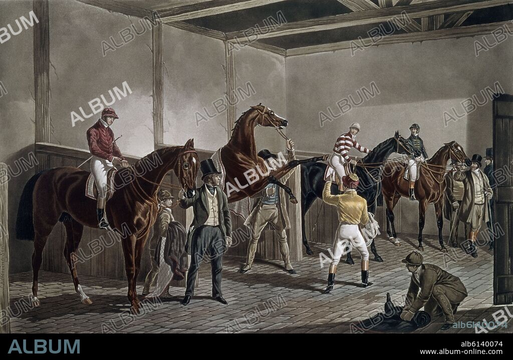 CABALLOS DE PURA SANGRE LISTOS PARA LA CARRERA - GRABADO SIGLO XIX.