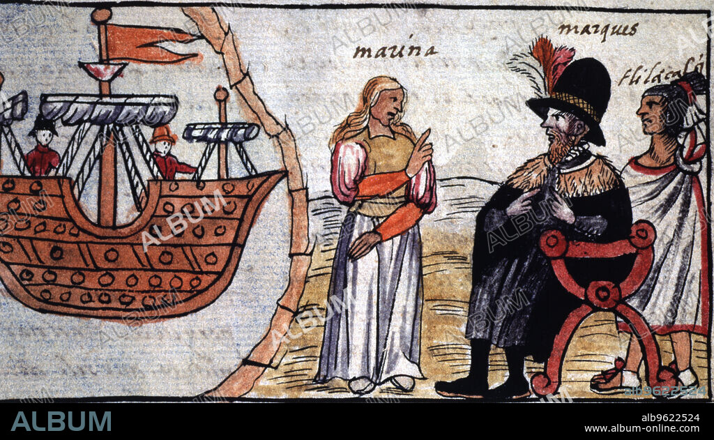'Hernán Cortés and the Indian Marina (or Malinche)'. Durán Codex, page 202. Engraving.