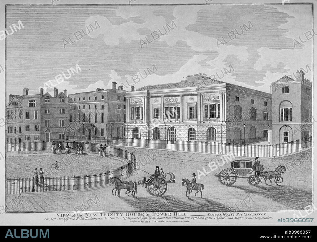 View of Trinity House from Trinity Square, City of London, 1799. Showing carriages on the road and figures walking in the square.
