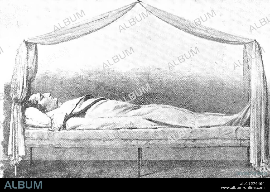 The Dead Lion: the body of Napoleon at Longwood, 1909. 'Napoleon died on May 5, 1821. In his will he wrote, "I wish my ashes to rest near the banks of the Seine, in the midst of the French people whom I have loved so dearly." He was buried at St. Helena, but in 1840 his remains were brought to Paris. From a drawing made by an English officer two hours after his death'. From "Illustrated London News", 1909.